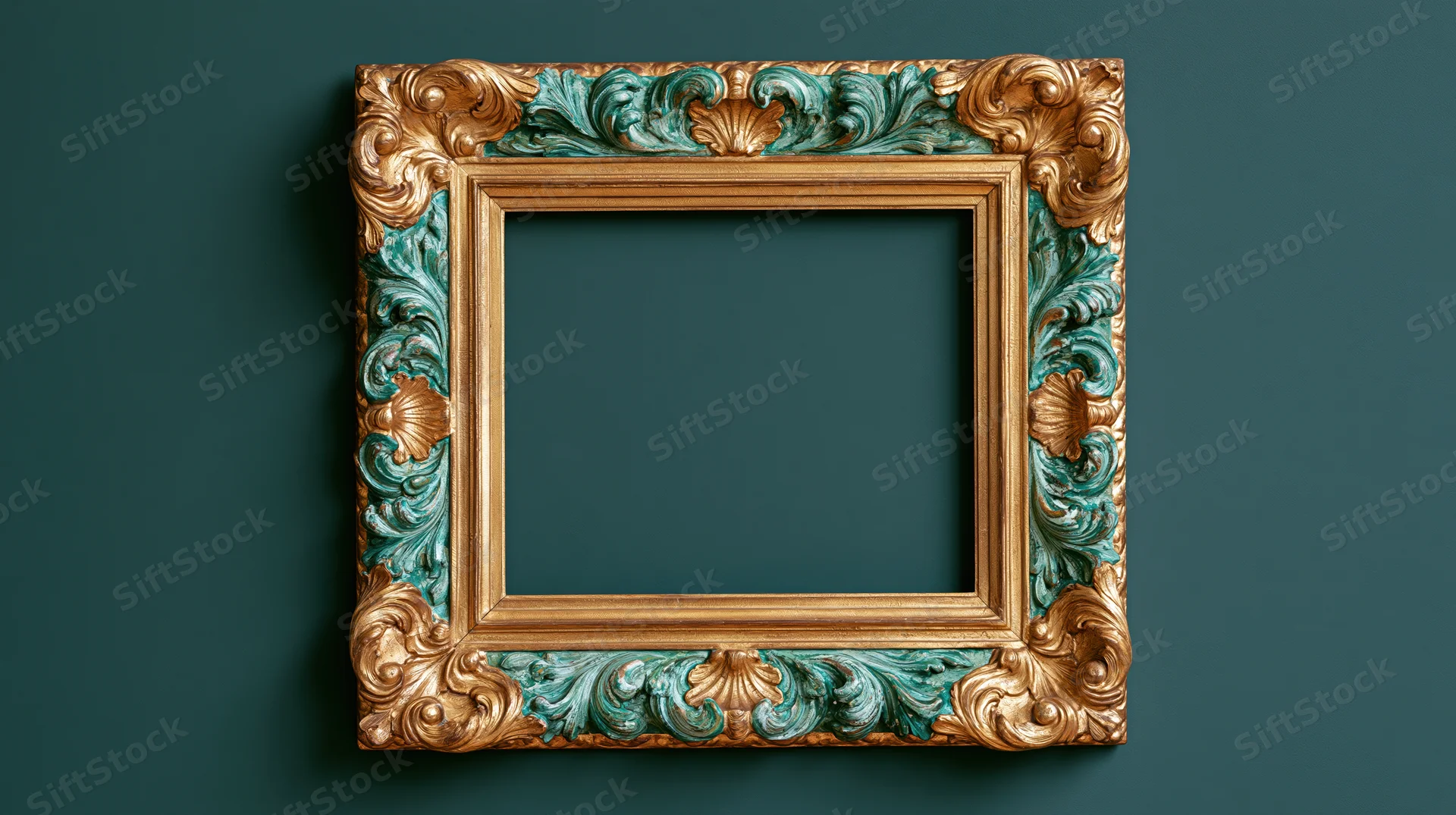 Ornate baroque frame with gold and teal patina hanging on a dark teal wall
