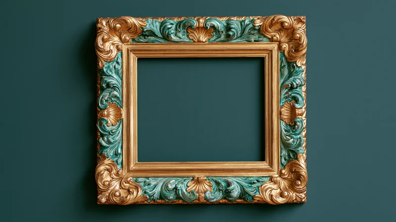 Ornate baroque frame with gold and teal patina hanging on a dark teal wall