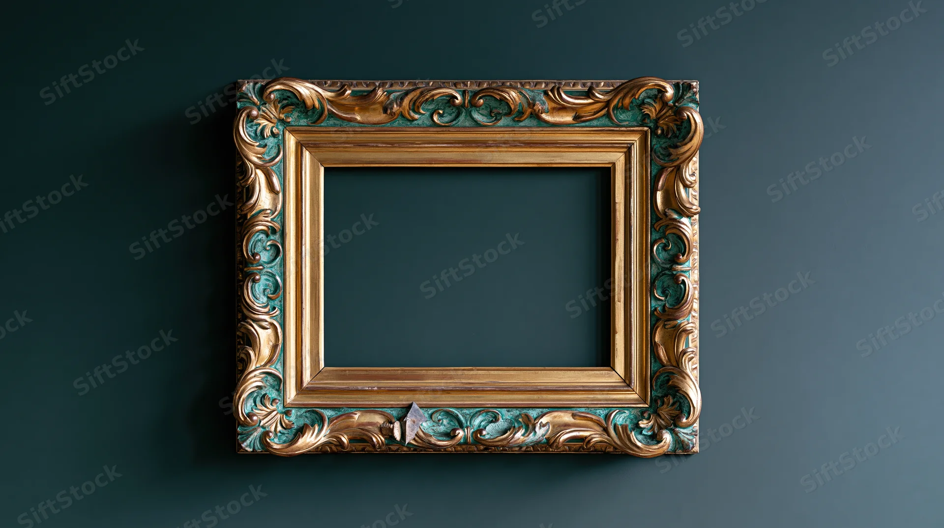 Ornate baroque frame with gold and patinated teal details hanging on dark wall