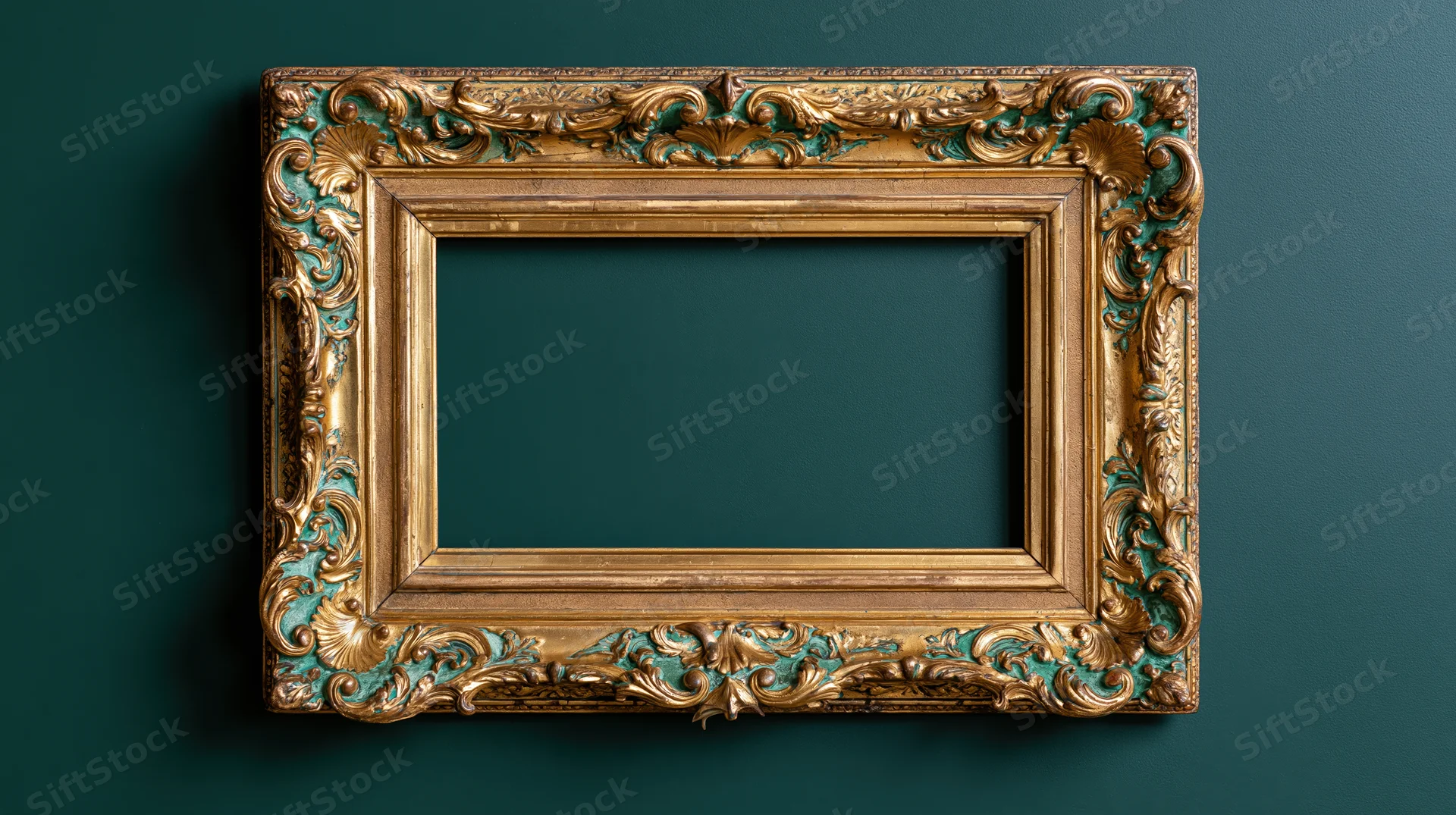 Ornate baroque gold frame with patinated details mounted on dark teal wall