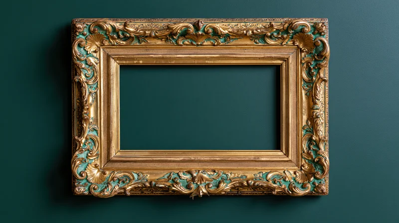 Ornate baroque gold frame with patinated details mounted on dark teal wall