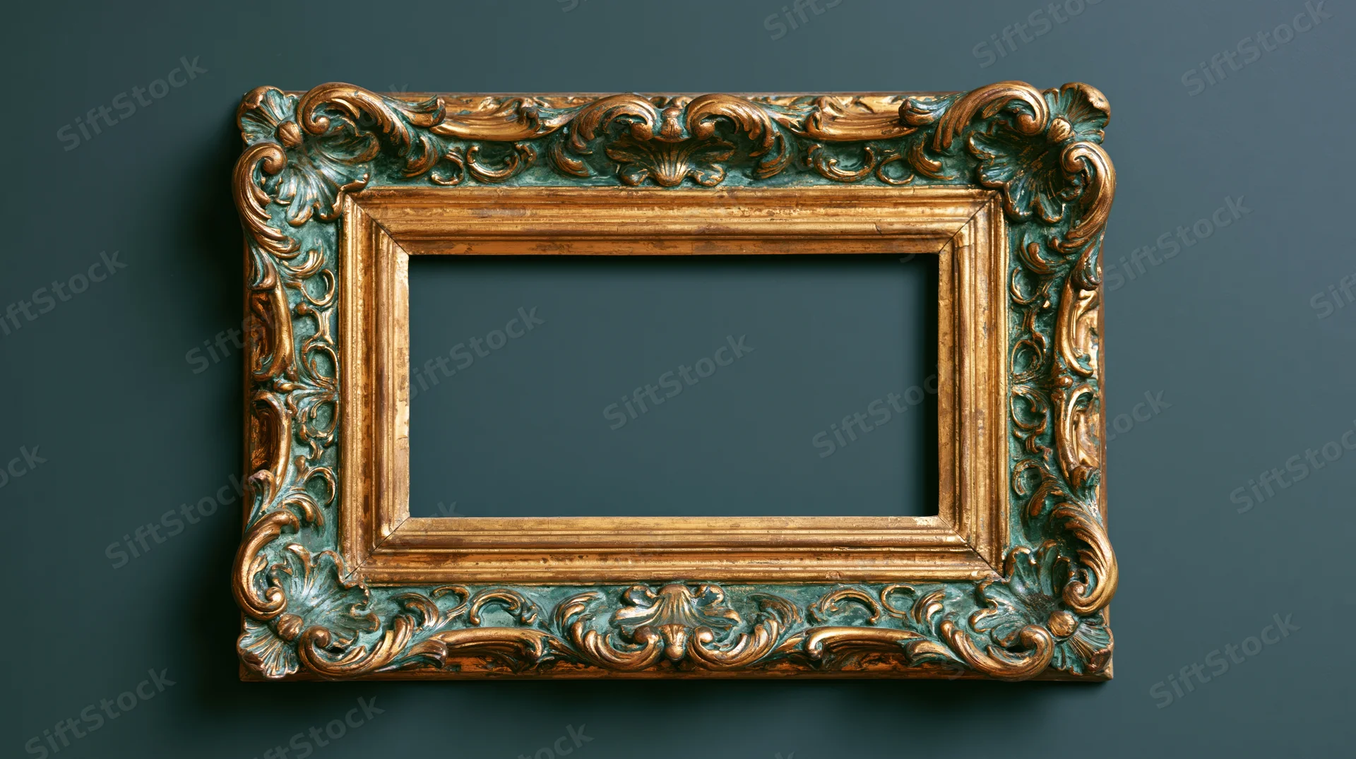 Ornate baroque frame with gold and patinated details mounted on dark teal wall