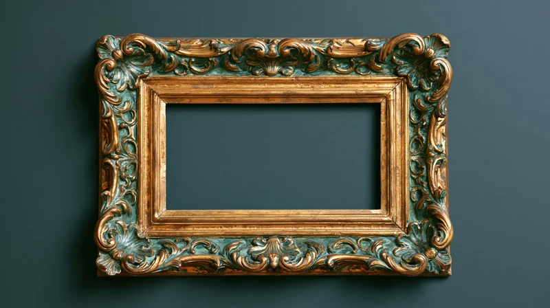 Ornate baroque frame with gold and patinated details mounted on dark teal wall