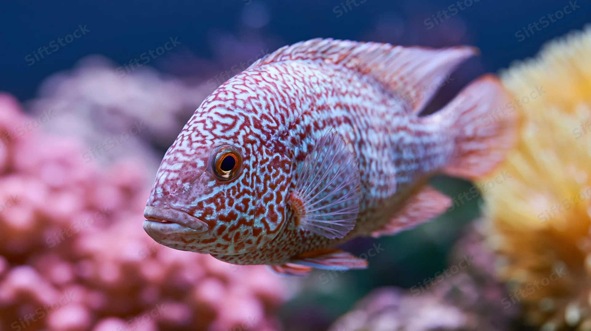 Ornate cichlid fish swimming near coral in aquarium