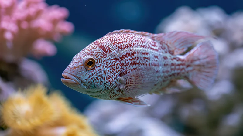 Ornate cichlid fish swimming in a coral reef aquarium