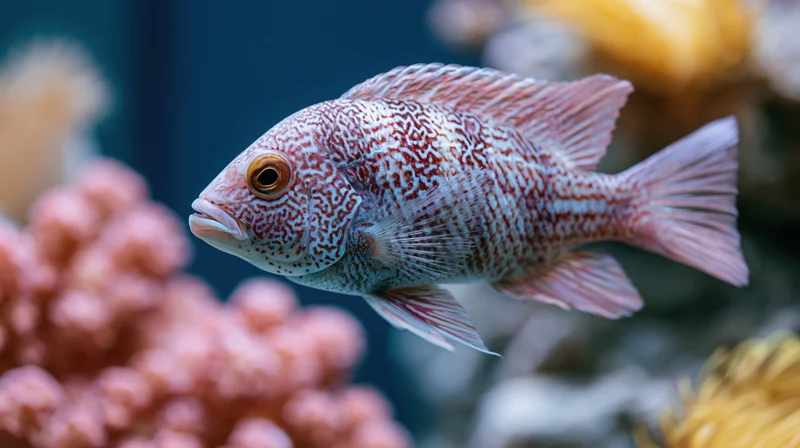 Ornate cichlid fish swimming near coral in an aquarium tank