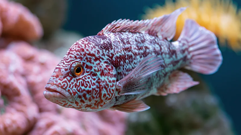 Ornate cichlid fish swimming near coral in an aquarium