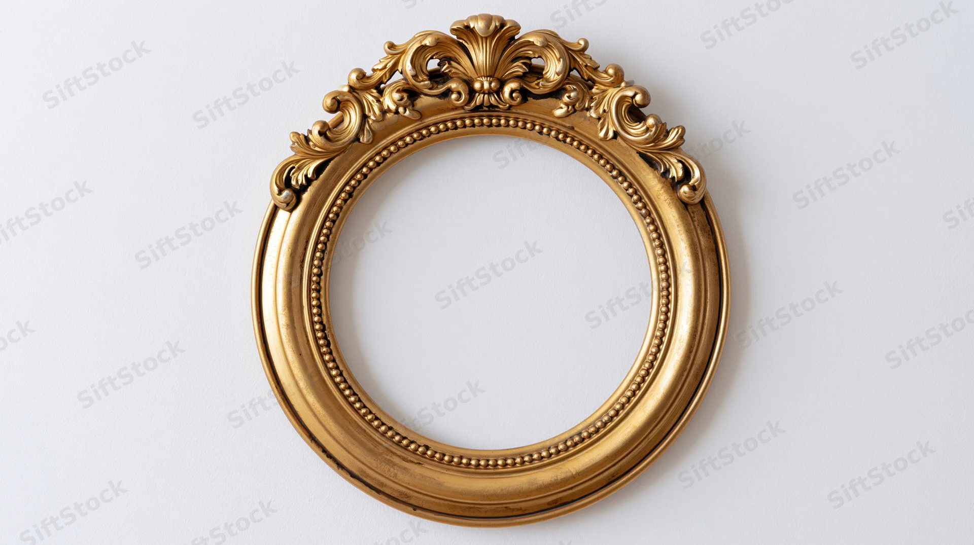 Ornate gold circular frame with baroque carvings hanging on white wall