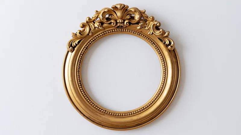 Ornate gold circular frame with baroque carvings hanging on white wall
