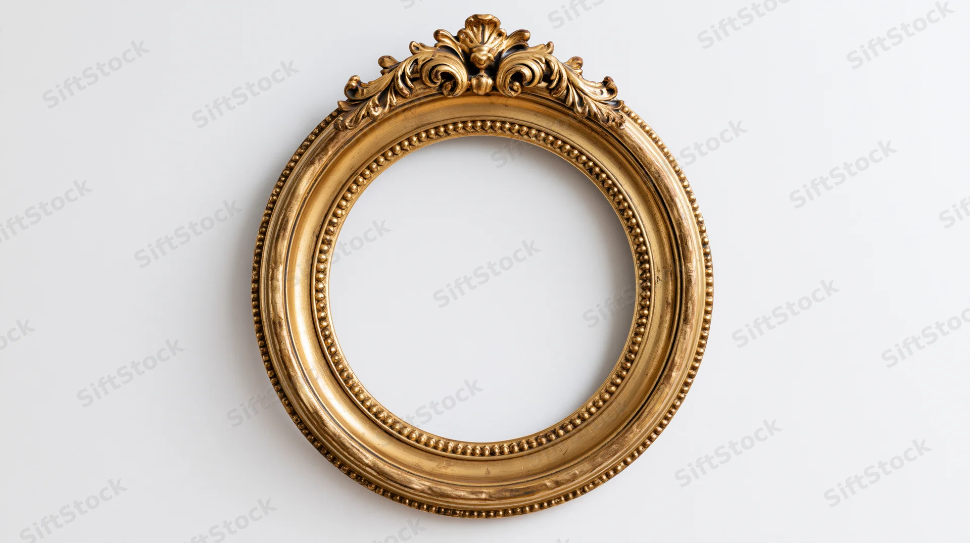 Ornate gold circular frame with baroque carvings hanging on a white wall