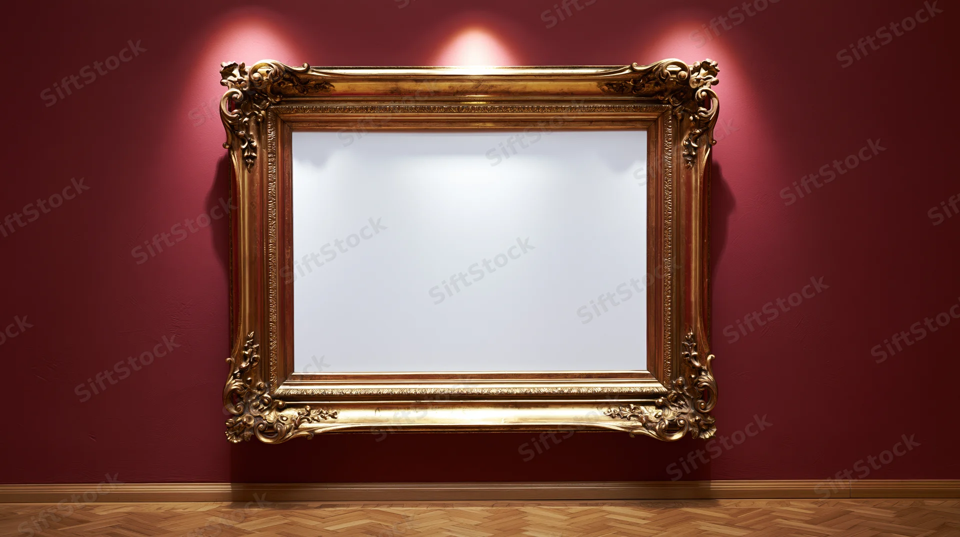 Ornate gold baroque frame hanging on burgundy wall in gallery space with spotlight and blank white interior