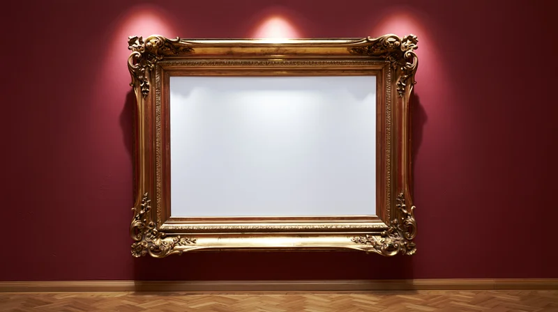 Ornate gold baroque frame hanging on burgundy wall in gallery space with spotlight and blank white interior