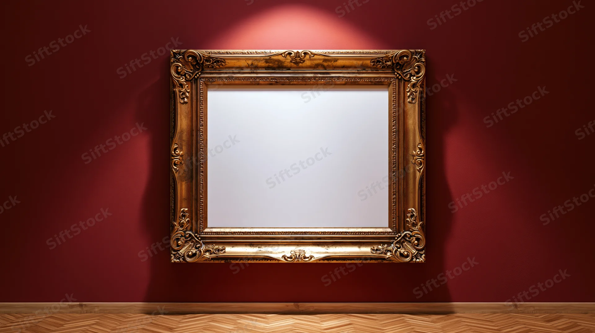 Ornate gold baroque frame with blank white interior hanging on red wall in gallery space