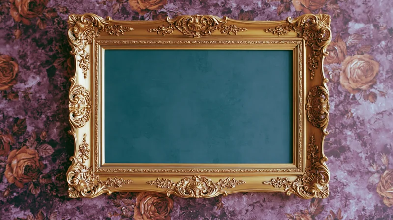 Ornate gold baroque frame with intricate carvings mounted on floral purple wallpaper
