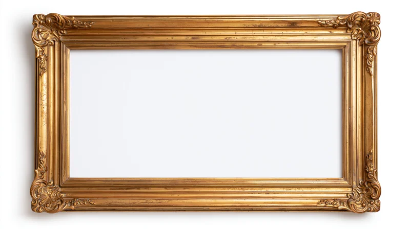 Ornate gold picture frame with carved corners and fluted molding isolated on white background