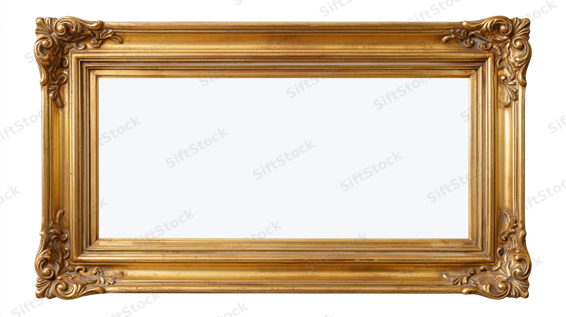 Ornate gold picture frame with carved decorative corners isolated on white background