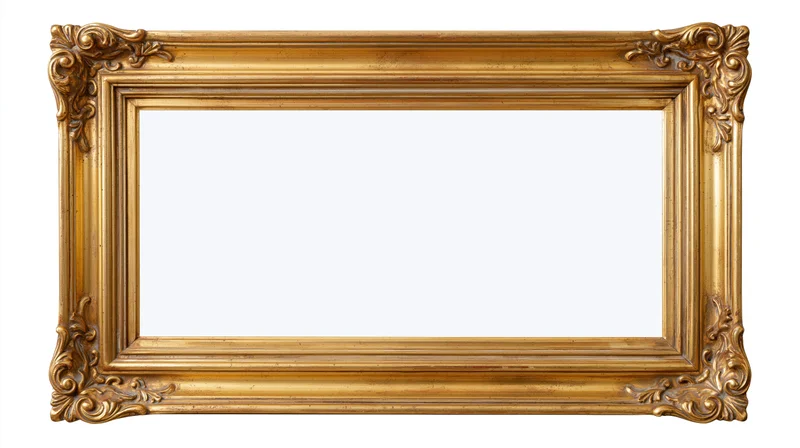 Ornate gold picture frame with carved decorative corners isolated on white background