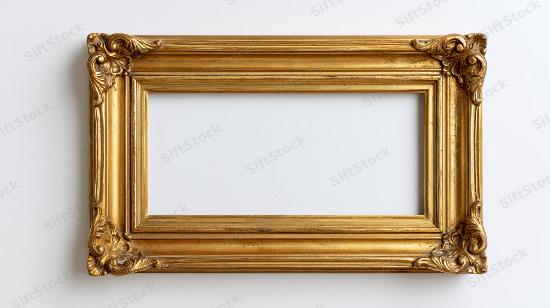 Ornate gold picture frame with carved corners hanging on white wall