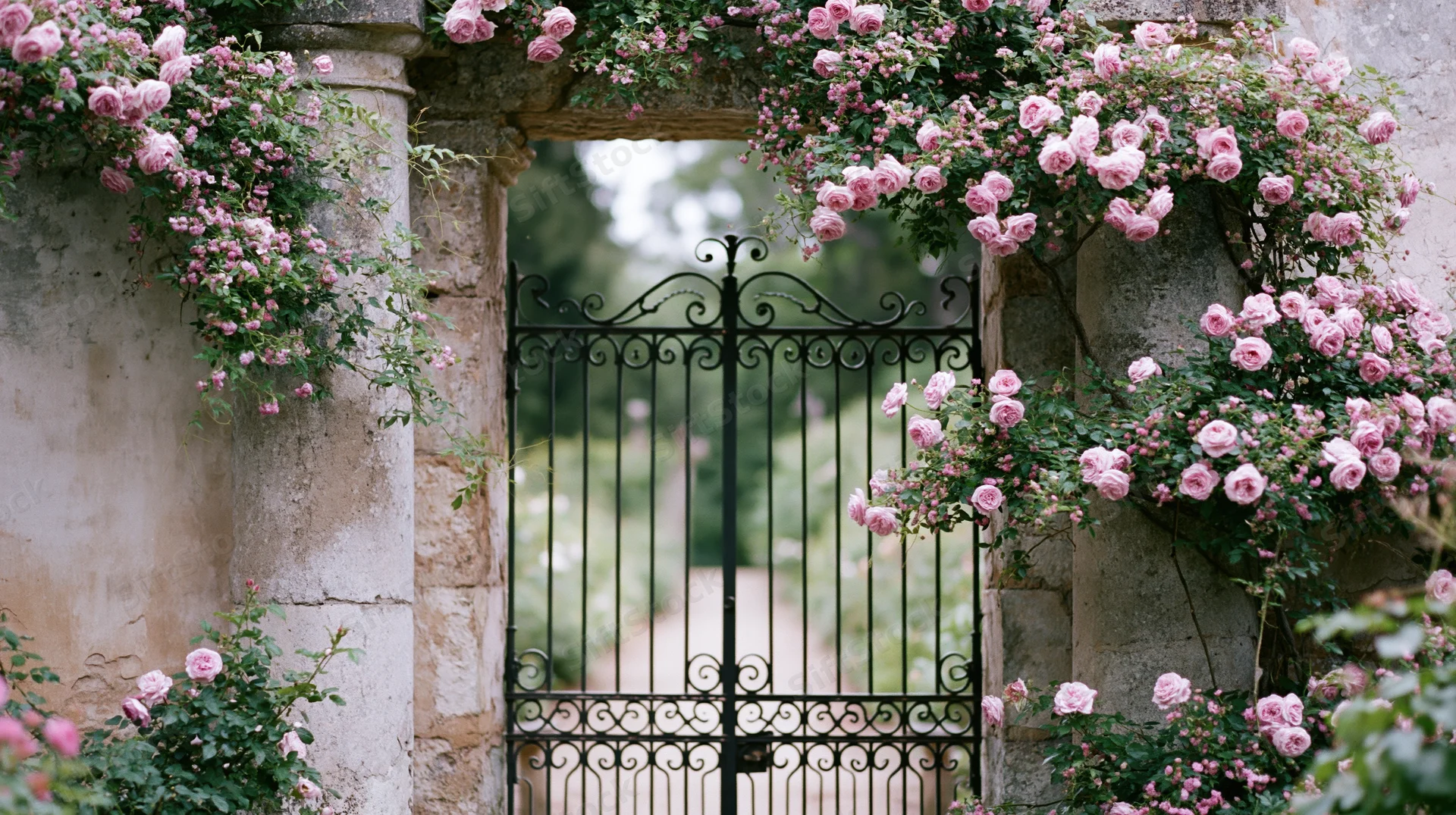 Ornate wrought-iron gate set within a stone archway covered in pink roses
