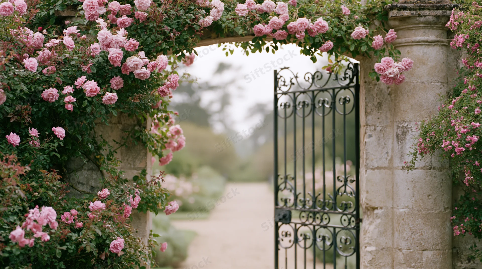 Ornate wrought-iron gate set within a stone archway covered in pink roses, opening to a garden pathway