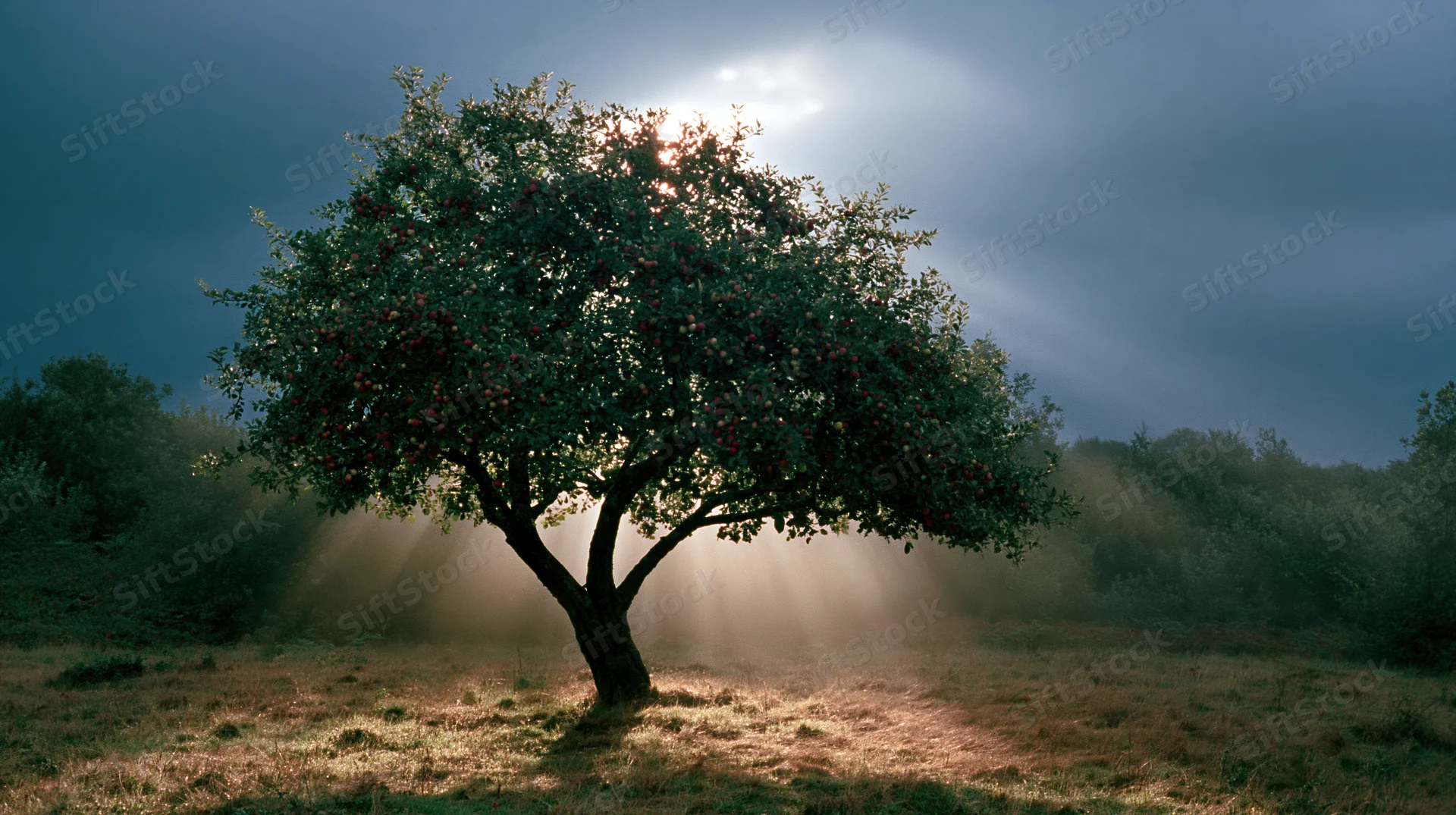 Apple tree heavy with fruit illuminated by sunlight rays in a misty field