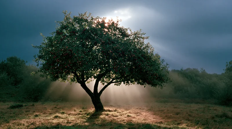Apple tree heavy with fruit illuminated by sunlight rays in a misty field