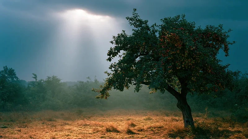 Gnarled apple tree heavy with fruit in a misty field under sunbeams breaking through clouds