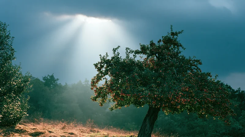 Gnarled apple tree heavy with red and yellow fruit in a misty forest landscape under dramatic cloudy sky with sunbeams piercing through