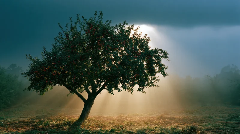 Apple tree heavy with fruit illuminated by sunlight breaking through fog in a rural field