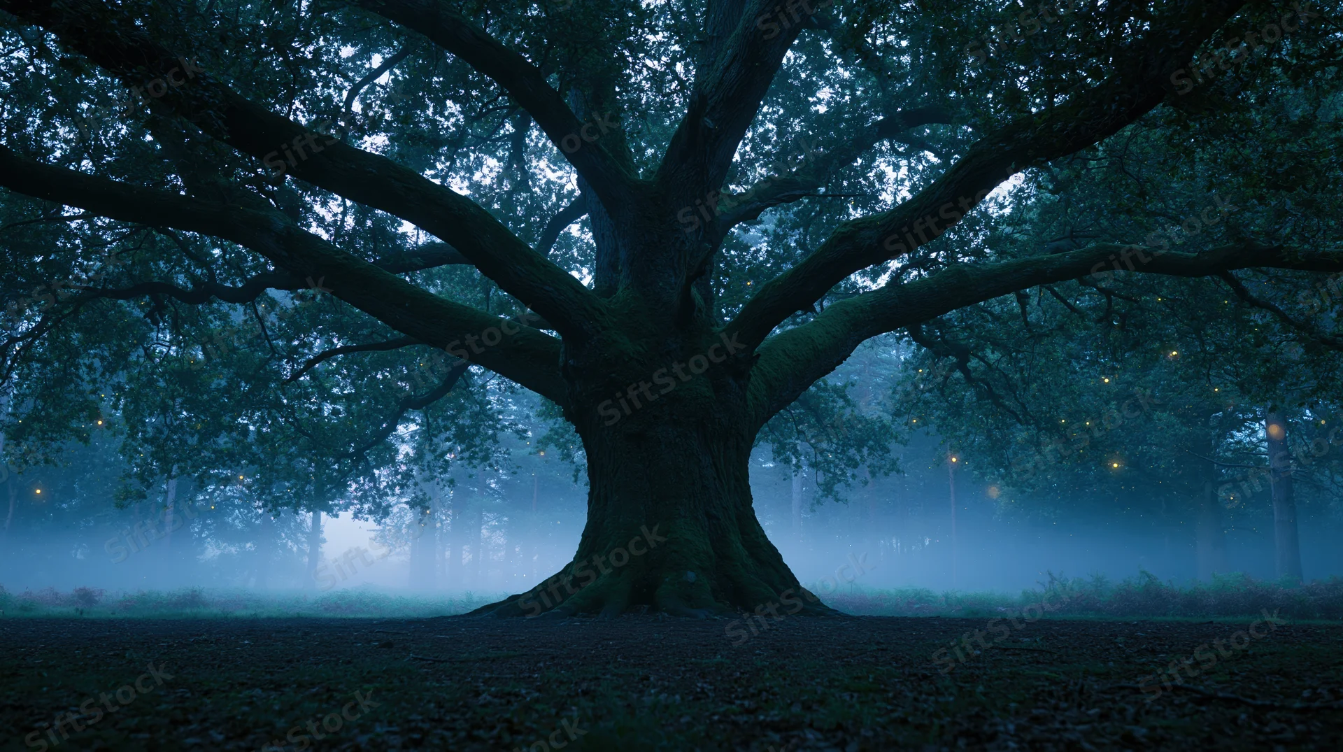 Ancient gnarled oak tree with sprawling dark branches standing in a misty forest at twilight