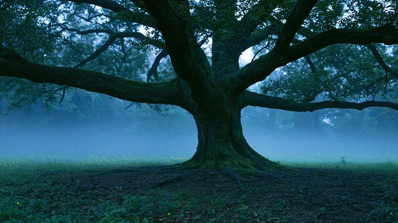 Ancient gnarled oak tree with sprawling dark branches in misty forest at twilight