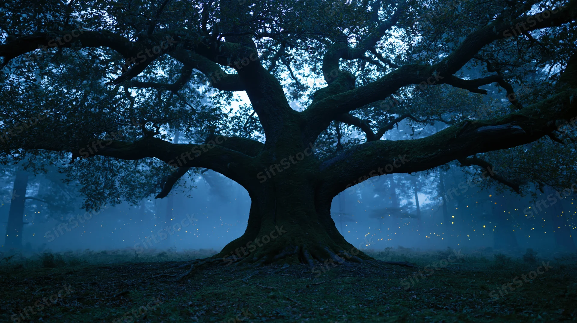 Ancient gnarled oak tree with sprawling dark branches in misty forest at night