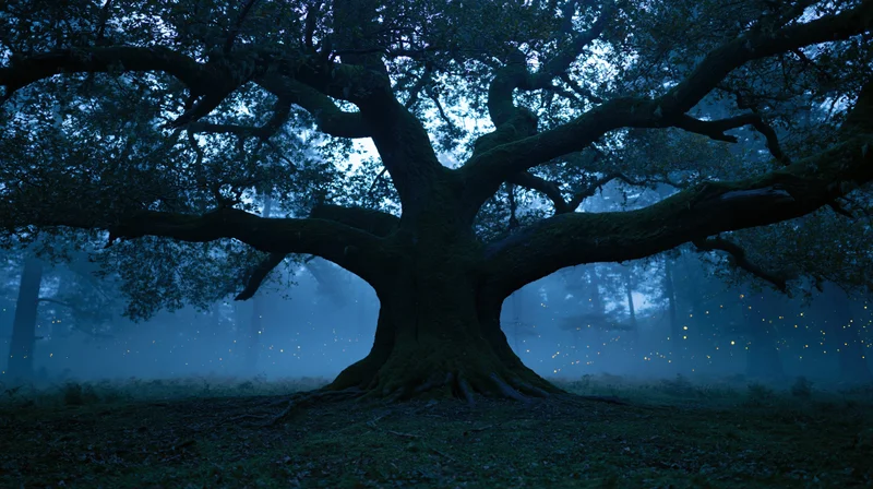 Ancient gnarled oak tree with sprawling dark branches in misty forest at night