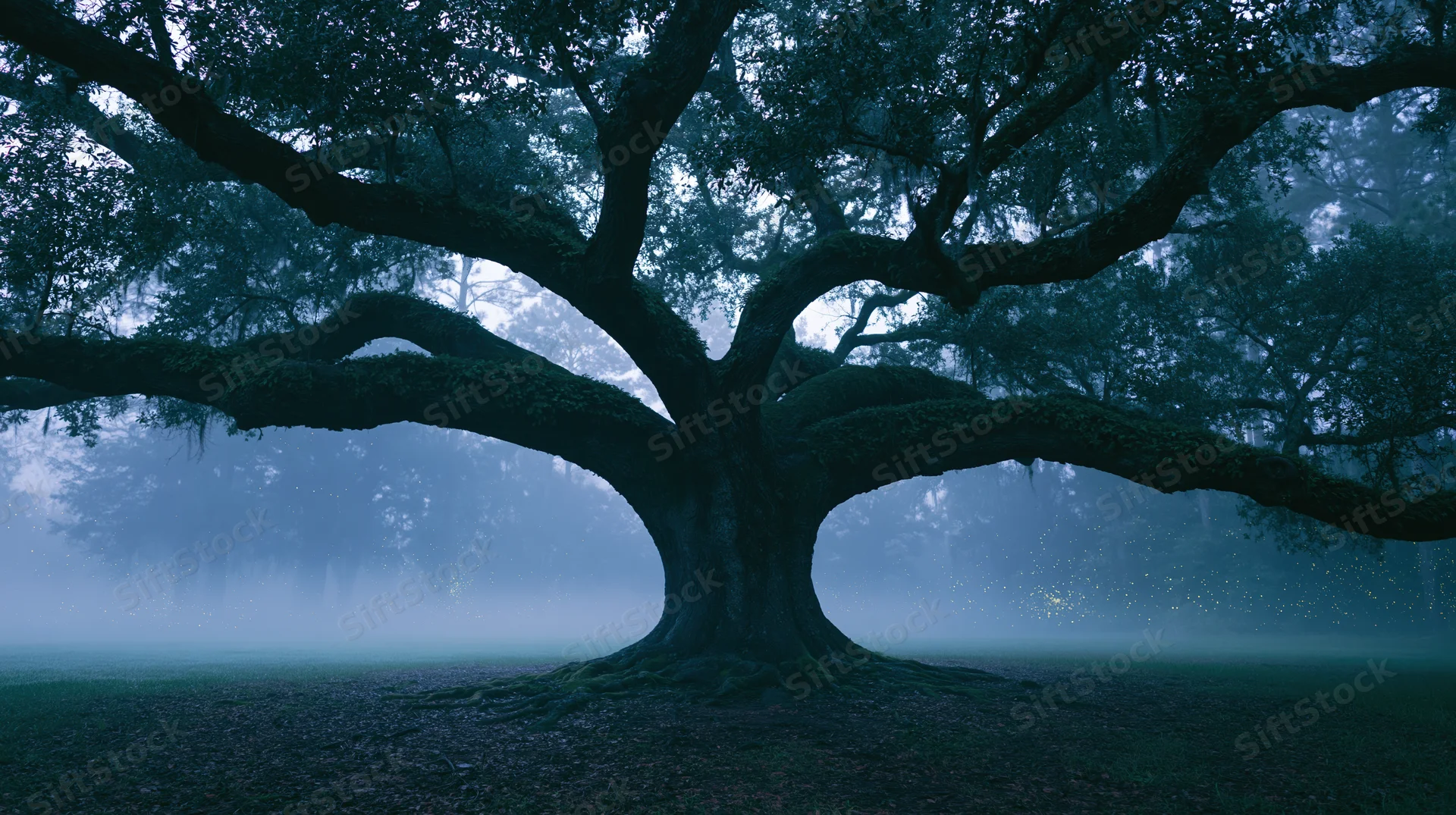 Ancient gnarled oak tree with sprawling dark branches in misty forest at twilight