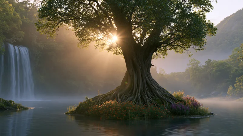 Ancient gnarled tree with exposed roots on a small island in a misty river near a waterfall at sunrise