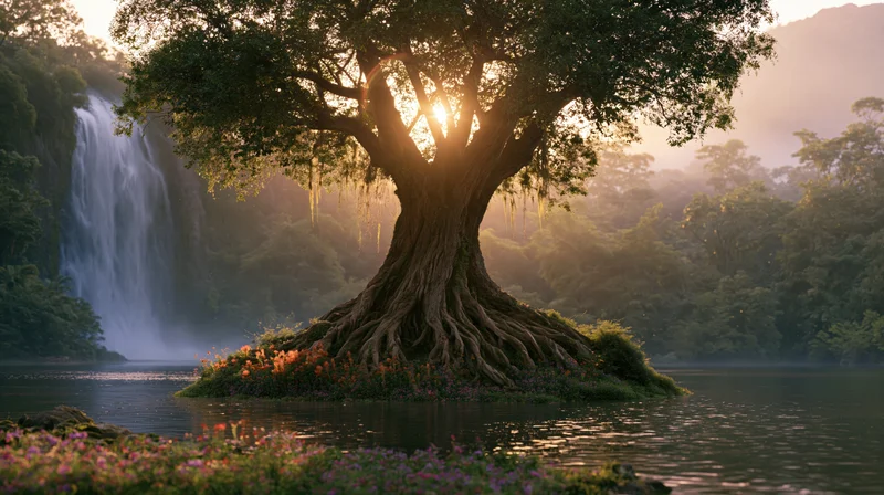 Ancient gnarled tree with exposed roots standing on a small island in a misty lake near a waterfall at sunrise
