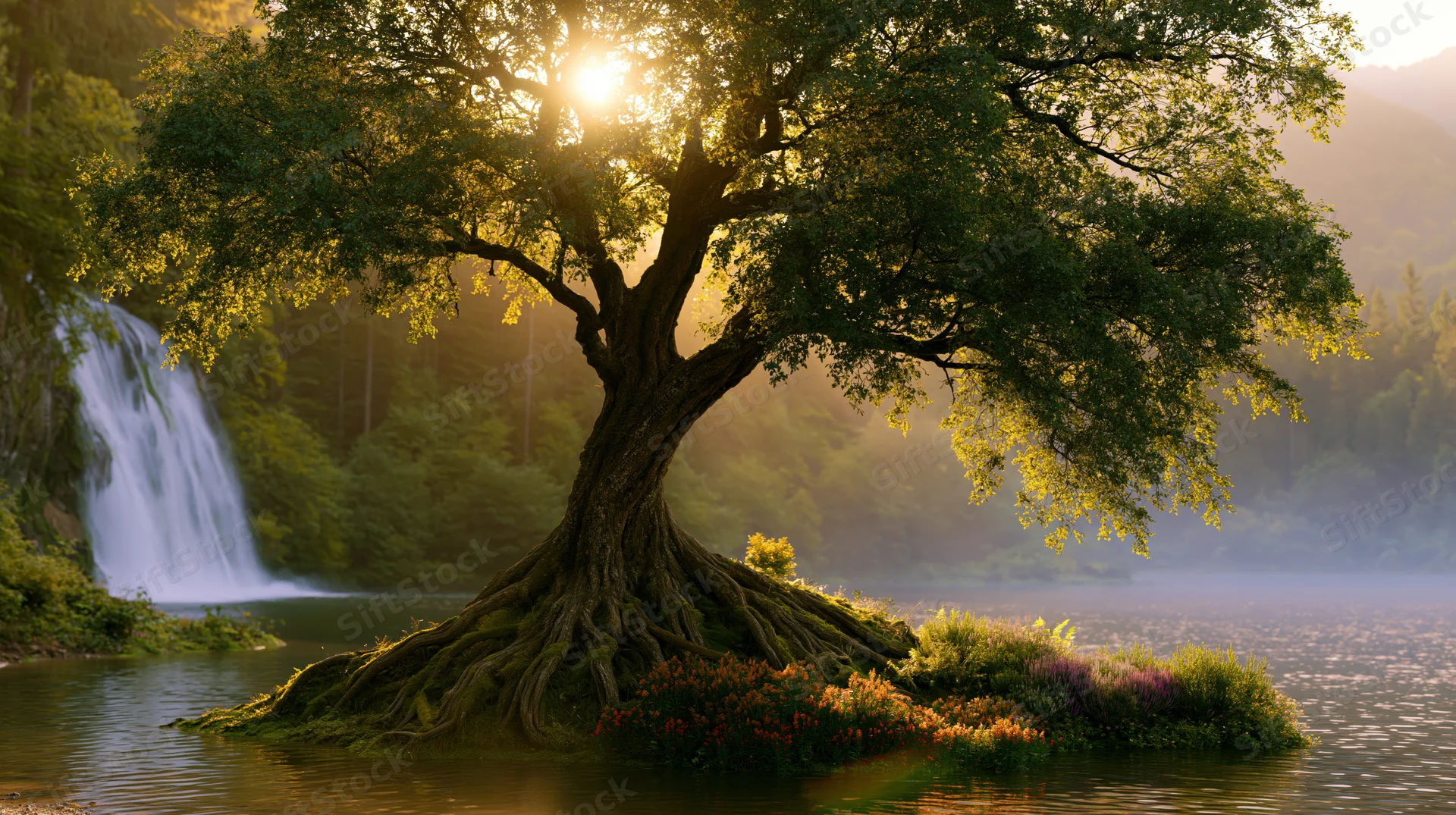 Ancient gnarled tree with exposed roots standing on a small island in a calm lake near a waterfall at sunrise