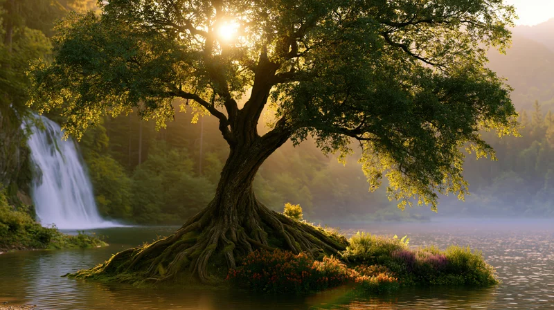 Ancient gnarled tree with exposed roots standing on a small island in a calm lake near a waterfall at sunrise