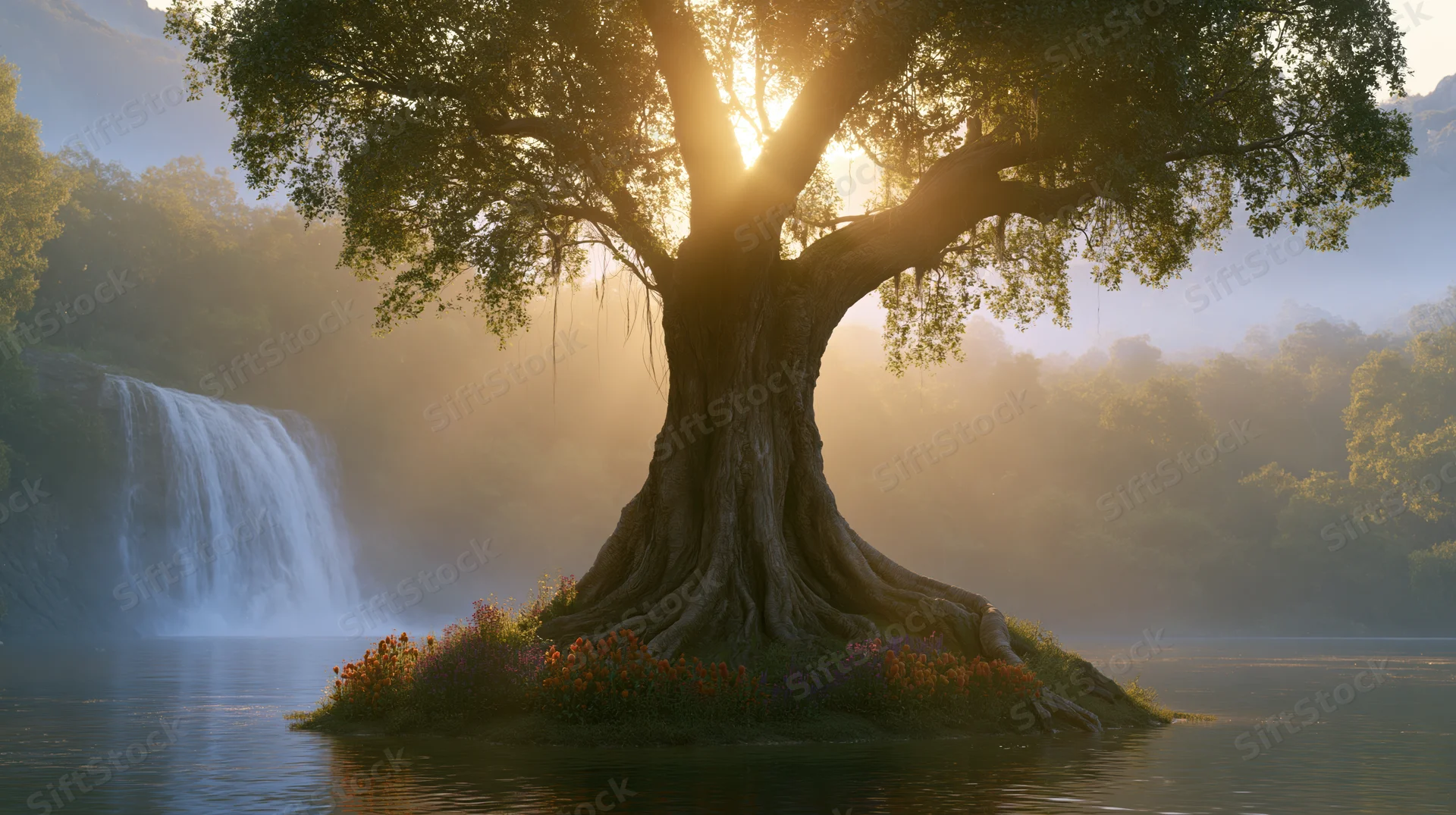 Ancient gnarled tree with exposed roots on a small island in a calm river near a waterfall at sunrise