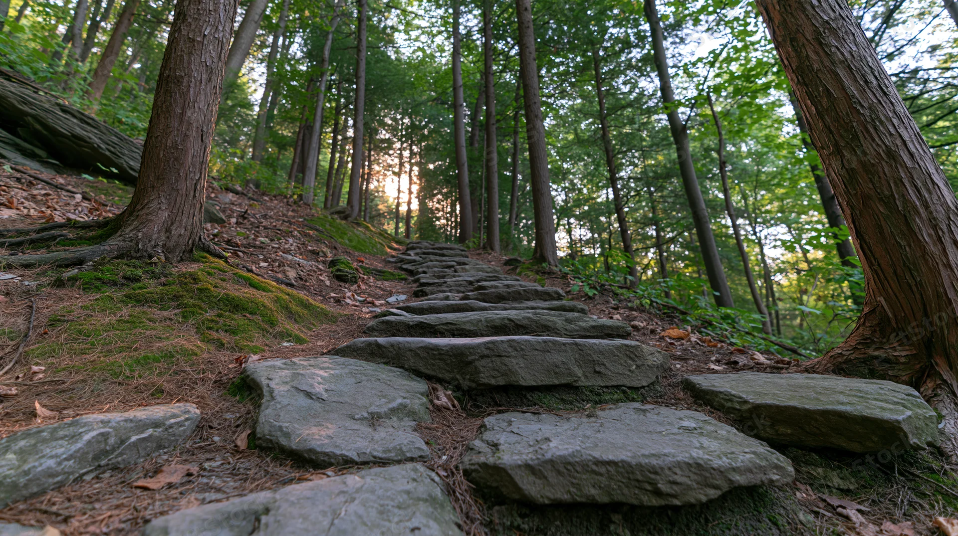 Stone staircase ascending through dense forest with mossy ground and tall trees