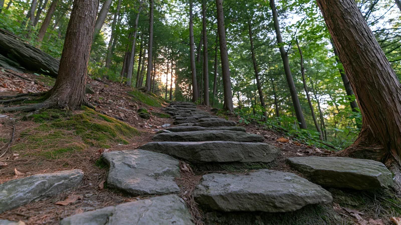Stone staircase ascending through dense forest with mossy ground and tall trees