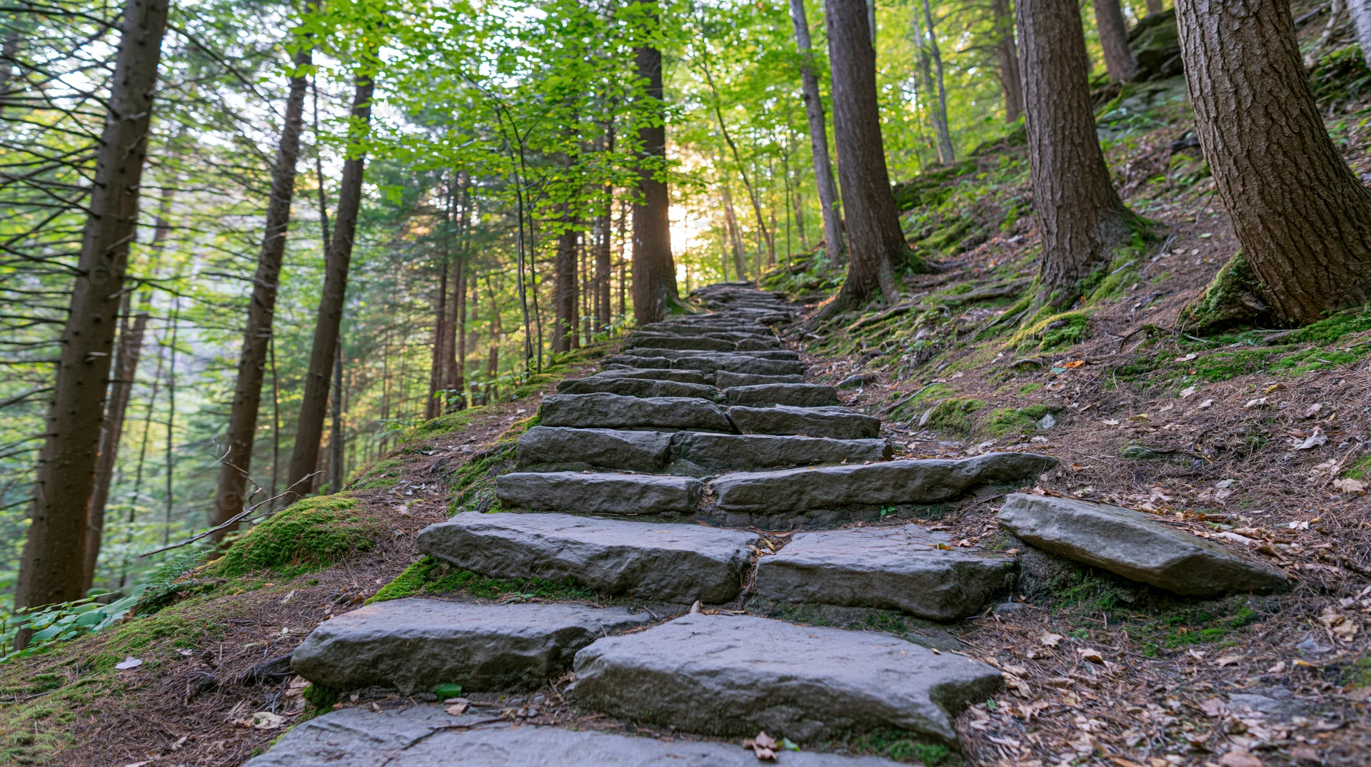 Stone staircase ascending through dense forest with mossy trees and dappled sunlight