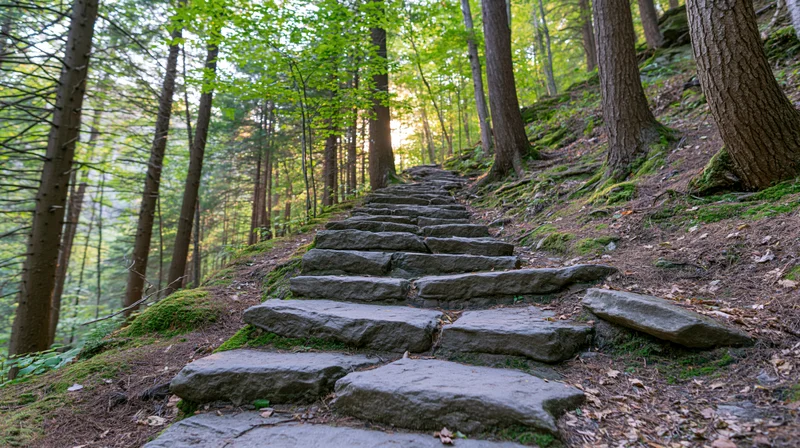 Stone staircase ascending through dense forest with mossy trees and dappled sunlight