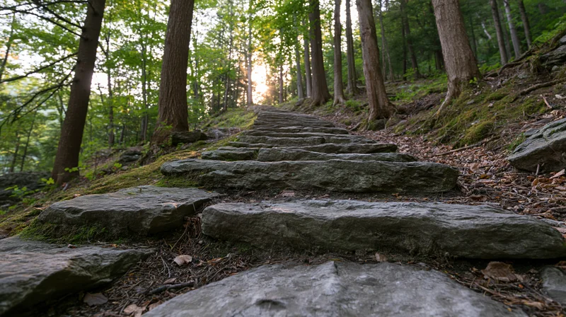 Stone staircase ascending through dense forest with sunlight filtering through trees