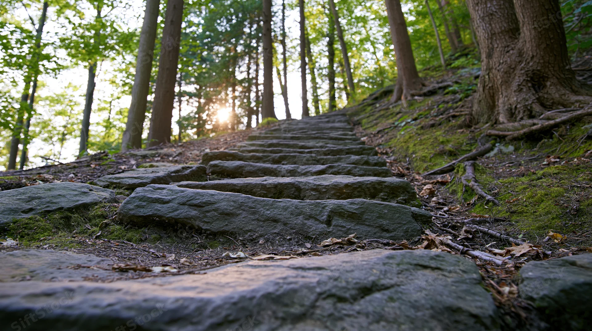 Stone staircase ascending through a forest with sunlight filtering through trees