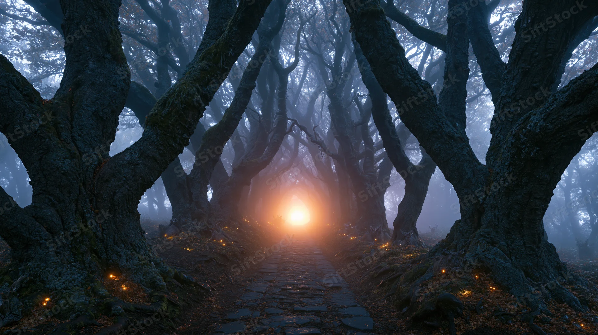 Ancient twisted trees lining a stone path through a misty forest with glowing light at the end