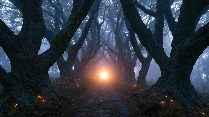 Ancient twisted trees lining a stone path through a misty forest with glowing light at the end