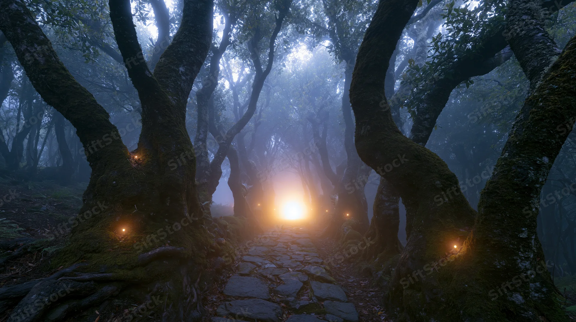 Stone path winding through ancient twisted trees in a misty forest with glowing lights along the trail