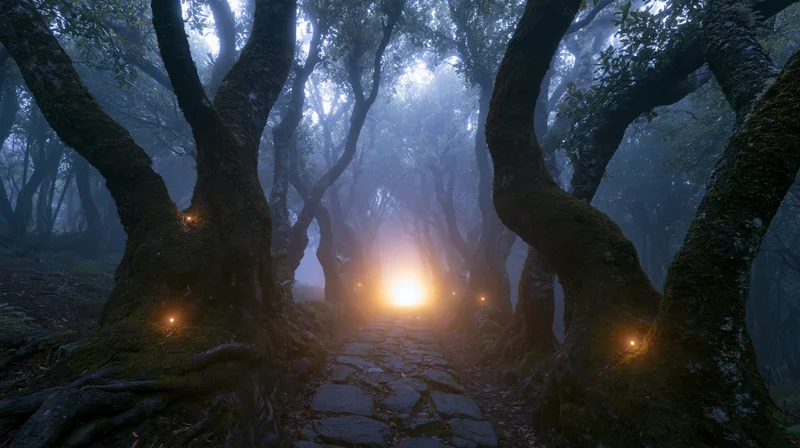 Stone path winding through ancient twisted trees in a misty forest with glowing lights along the trail