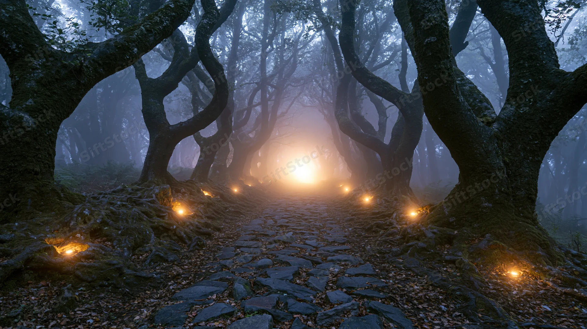 Stone path lined with ancient twisted trees in misty forest at evening, glowing lights along the way